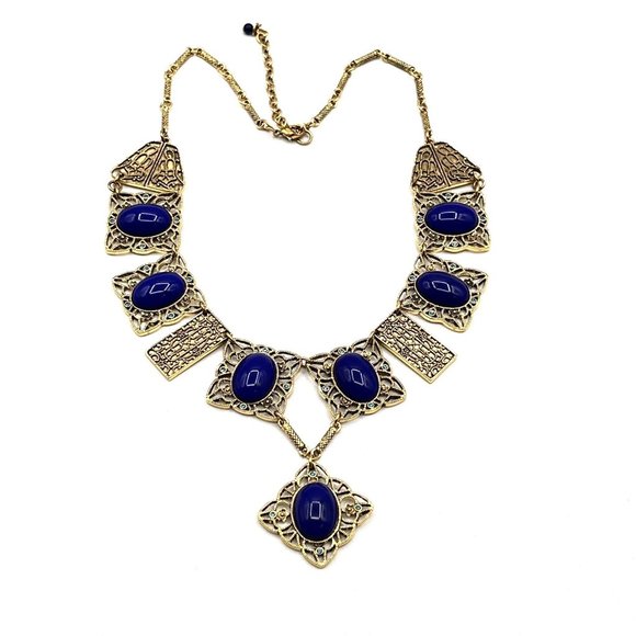 Joan Rivers Faux Lapis Art Nouveau Style Necklace Filigree Statement Necklace - Picture 4 of 10